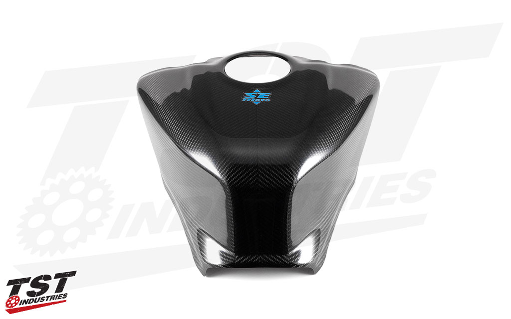 SE Moto Carbon Fiber Tank Cover Shroud reshapes the factory tank for added support.