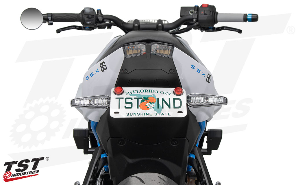 Remount your OEM Suzuki turn signals to the TST Elite-1 Fender Eliminator High Mount tail tidy.