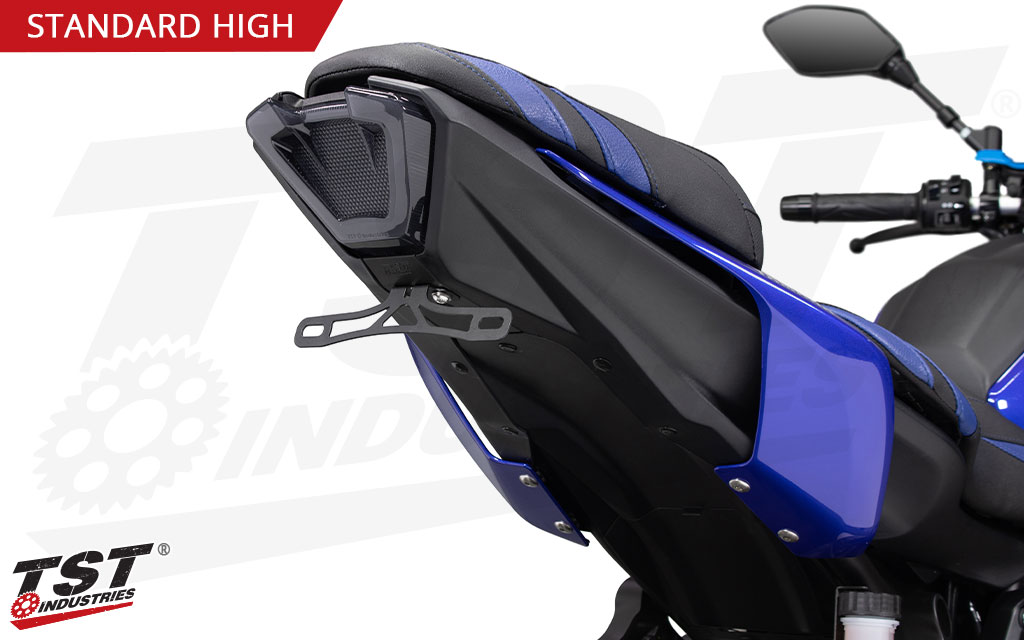 Standard High Elite-1 Fender Eliminator mounts your license plate in a fixed position - shown on 2018 model.