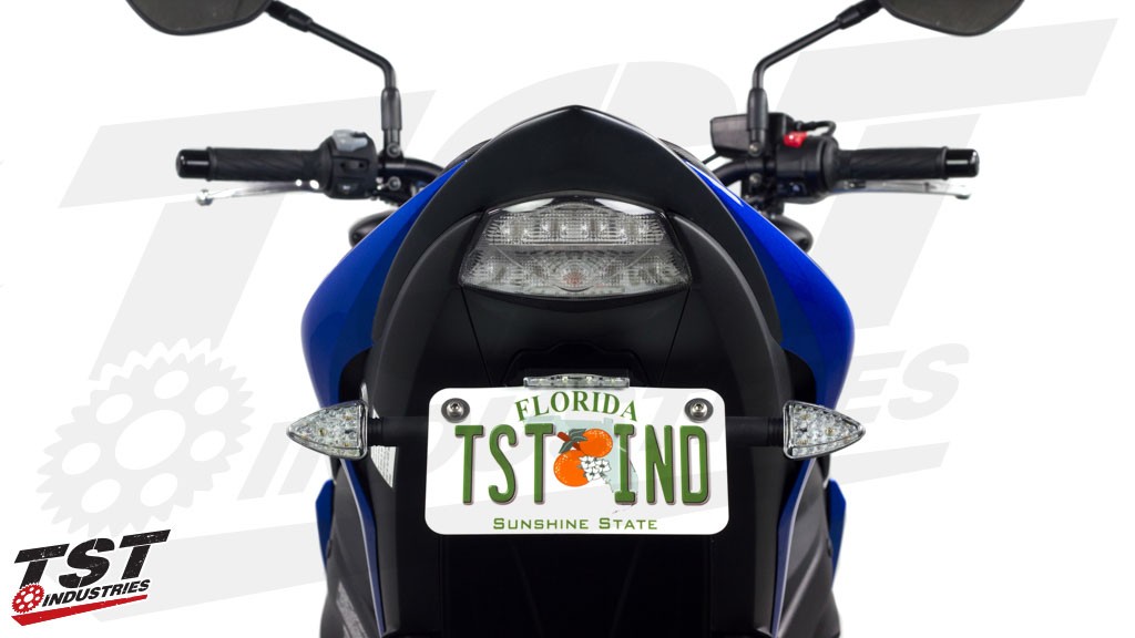 The TST Fender Eliminator, Rear LED Pod Signal Kit, Stealth License Plate Light (these items not included in this closeout kit), and Undertail Closeout transform the tail section for this Suzuki.