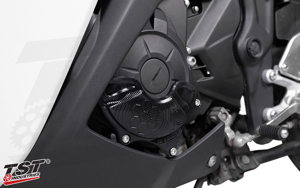 TST Engine Stator Case Cover installed on the 2015-2018 Yamaha R3.