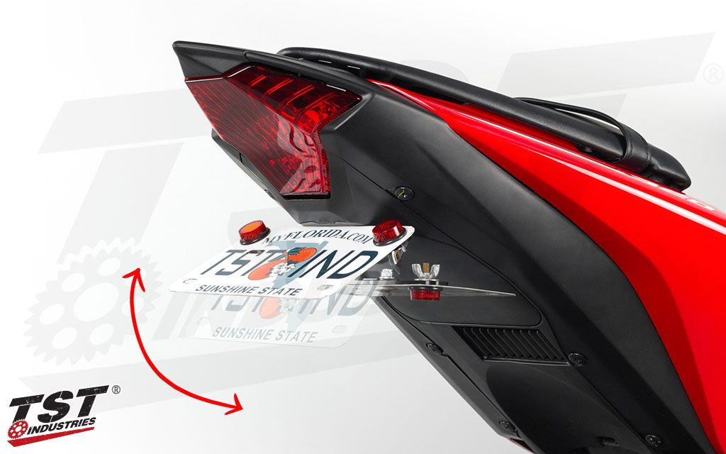 Full range of adjustability of the Elite-1 Adjustable Fender Eliminator on the Yamaha R3.