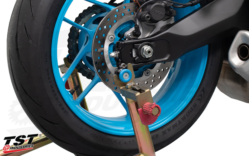 TST Spooled Captive Chain Adjusters shown installed on the 2025 Yamaha MT-07.
