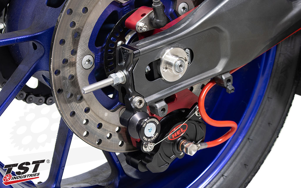 TST Spooled Captive Chain Adjusters installed on the 2022+ Yamaha R7.