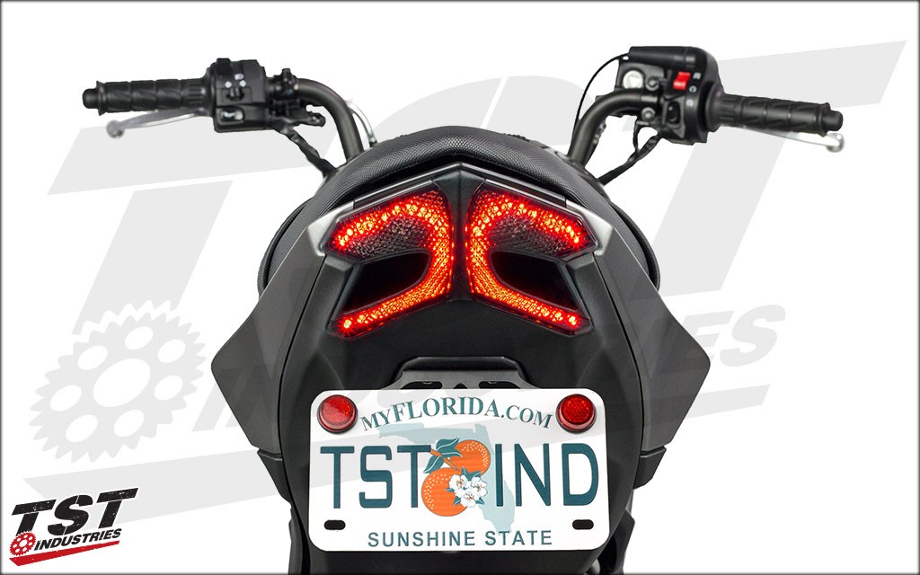 TST LED Integrated Tail Light for 2017+ Kawasaki Z125 Pro. Running light illumination shown here.