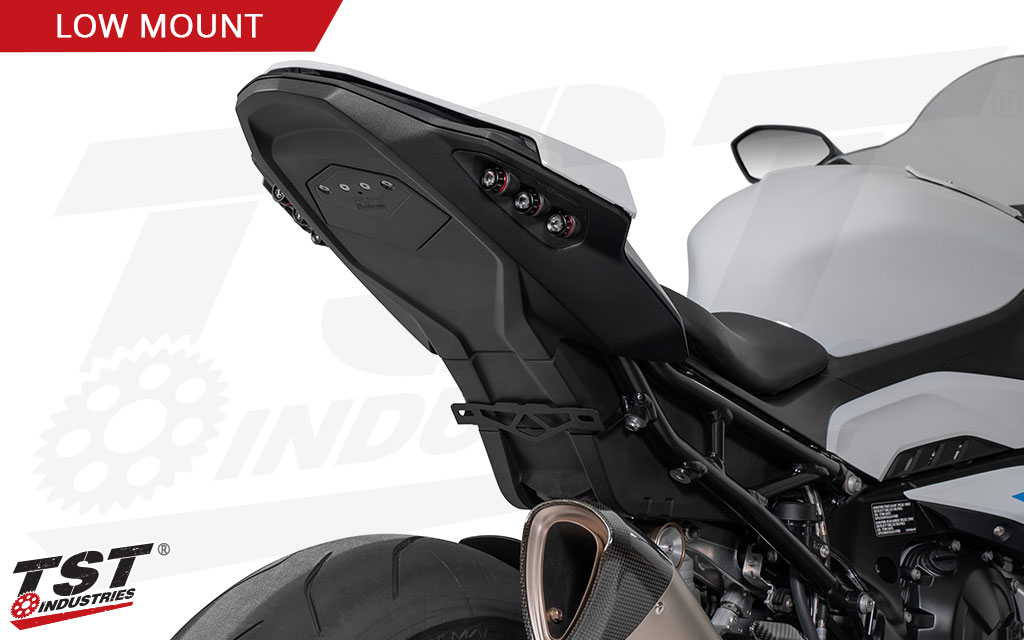 Tuck your S1000RR license plate in low position under the seat for the sleekest look available.
