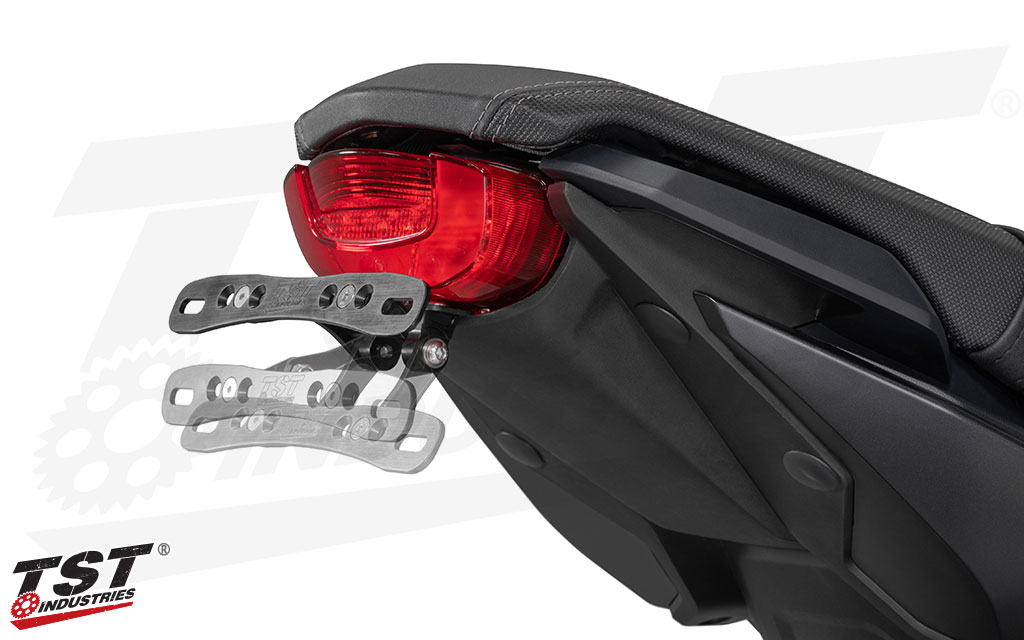 Riders that have a license plate larger than the standard U.S. motorcycle license plate should pair the Adjustable bracket with our TST Adjustable Fender Eliminator Extension Kit (sold separately)