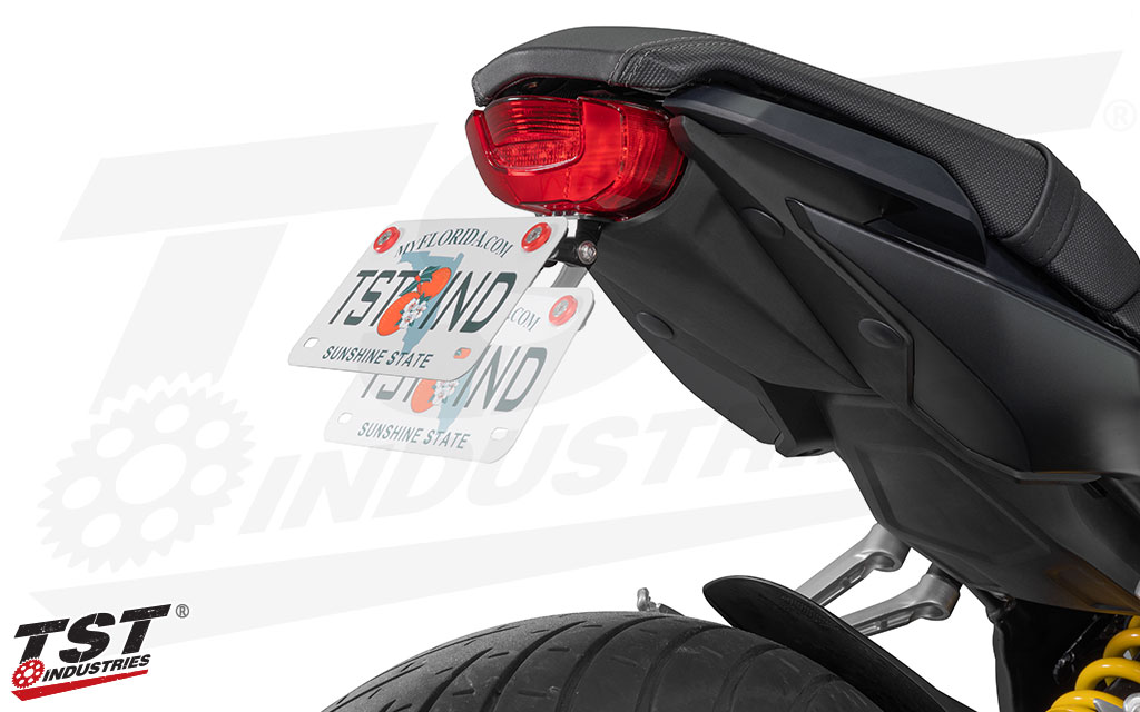Riders that have a license plate larger than the standard U.S. motorcycle license plate should pair the Adjustable bracket with our TST Adjustable Fender Eliminator Extension Kit (sold separately)