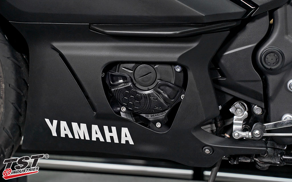 TST Engine Stator Case Cover installed on the 2019+ Yamaha R3.