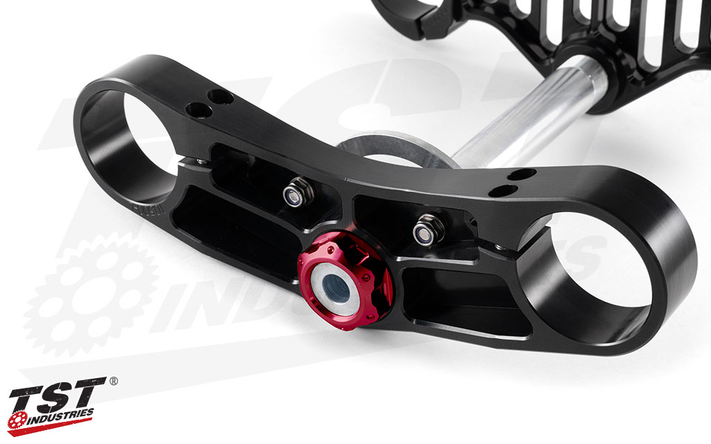 Upgrade your TST WORX Triple Clamp with a red anodized top and bottom nut for added style.