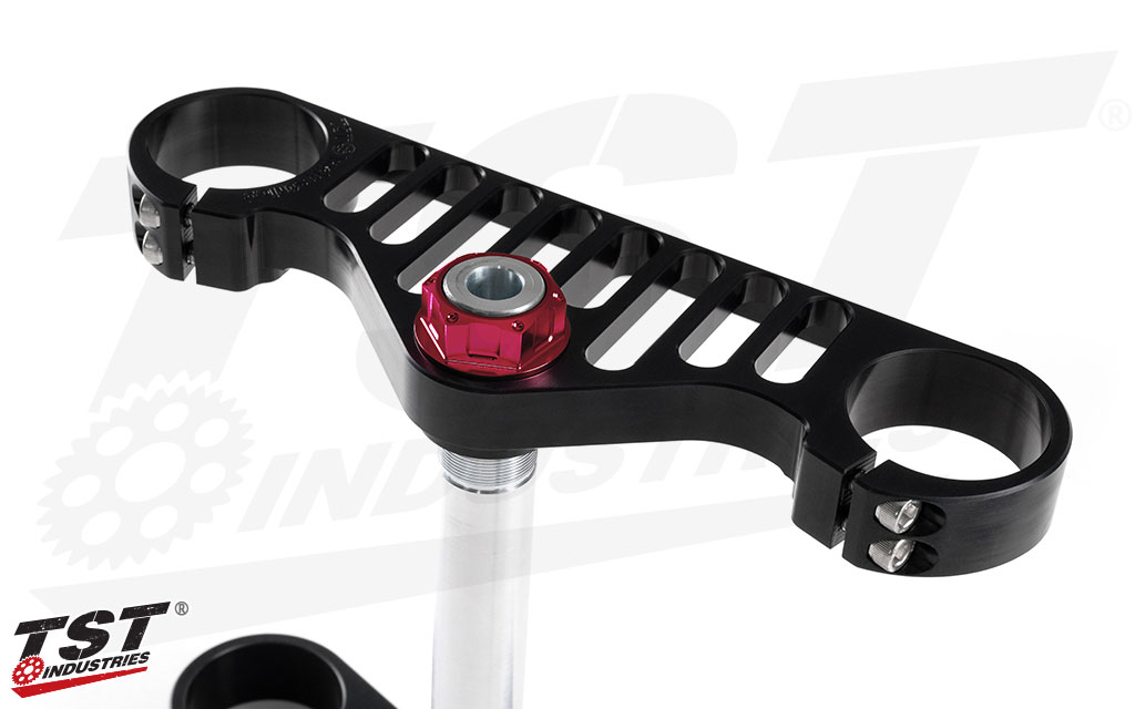 TST Triple Clamp for the 2019+ Yamaha R3 with the optional Red anodized top and bottom nut.