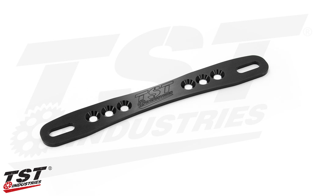 CNC machined license plate bracket features a durable black anodized finish. 