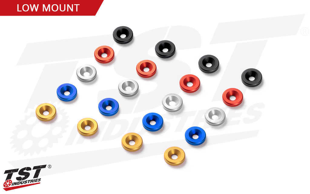 Available anodized washer color options for the Low Mount Fender Eliminator kit.