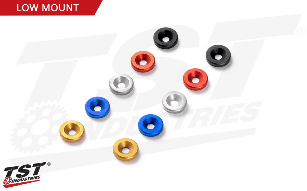 Low Mount kit includes your color choice of low-profile anodized license plate mounting hardware.