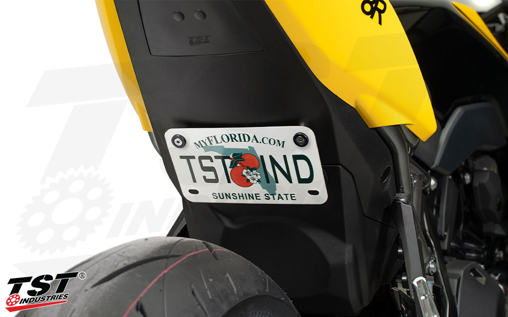 Place your license plate in a tucked low position under the Suzuki tail.
