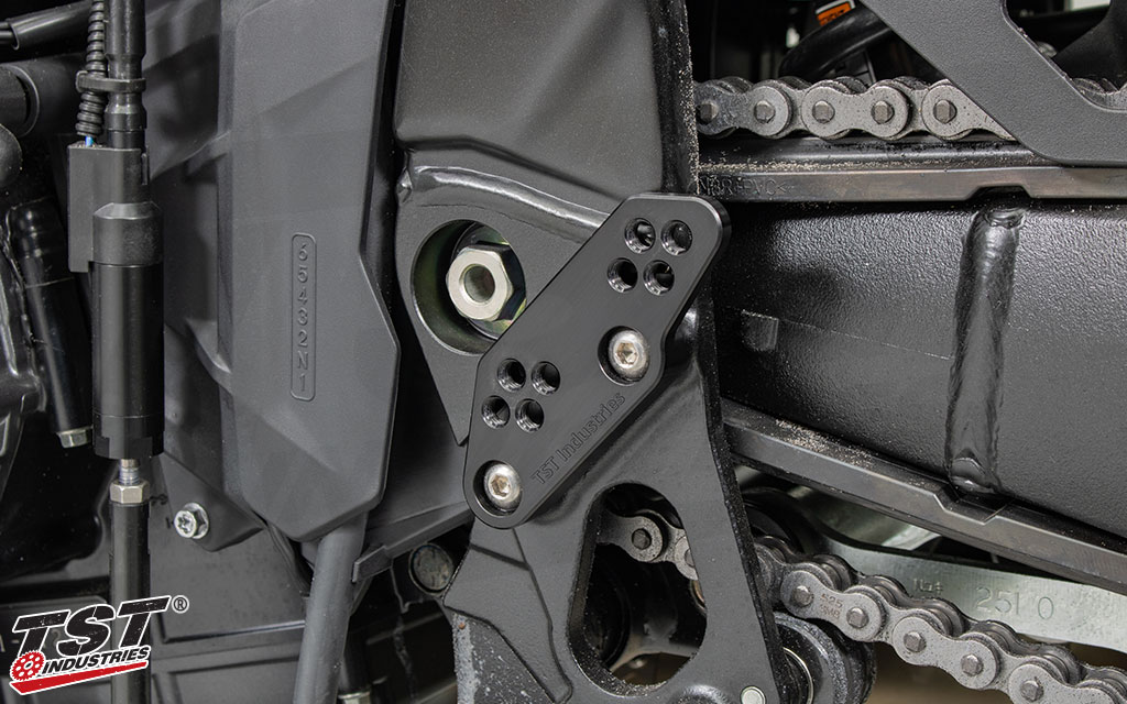 TST Adjustable Rearset Riser Brackets installed on the Suzuki GSX-8S.