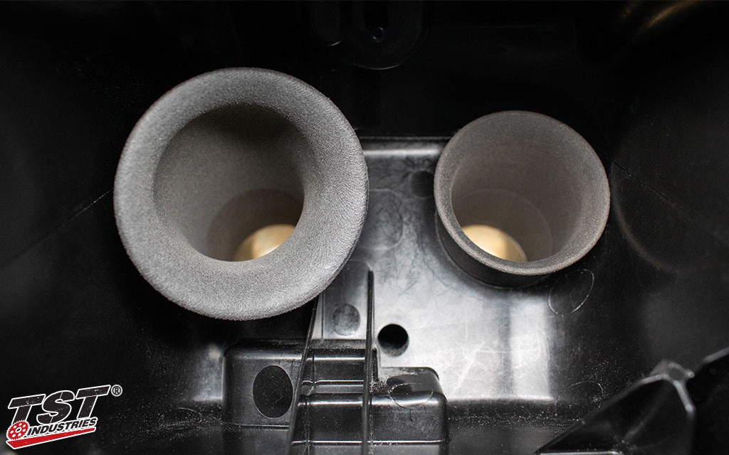 TST velocity stacks installed in the GSX-8S / GSX-8R airbox.