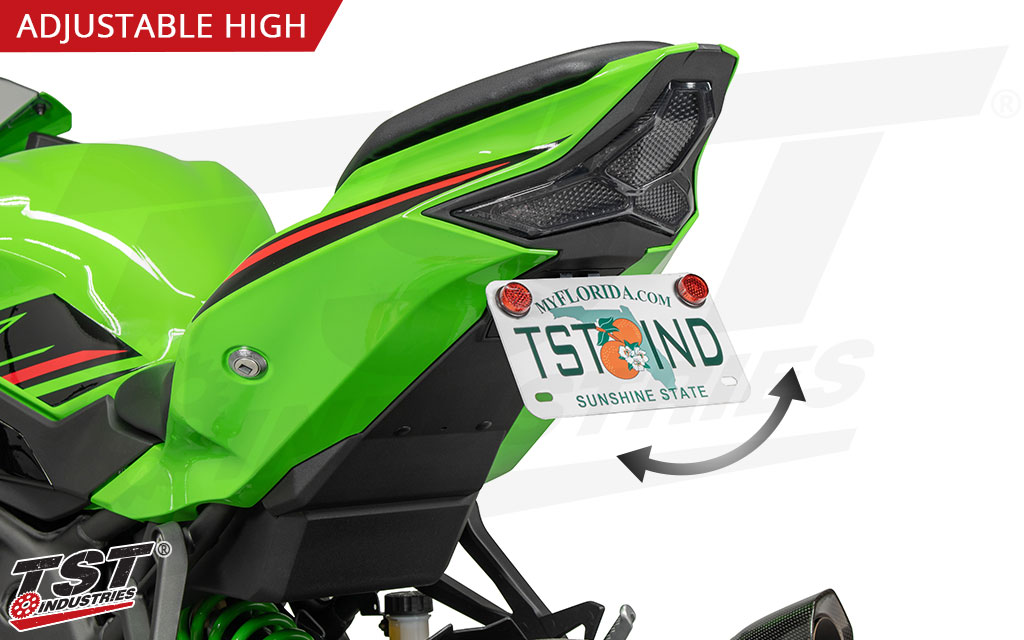 Place your Kawasaki ZX-4RR / ZX-4R license plate in a stock-like location with adjustable plate angle.
