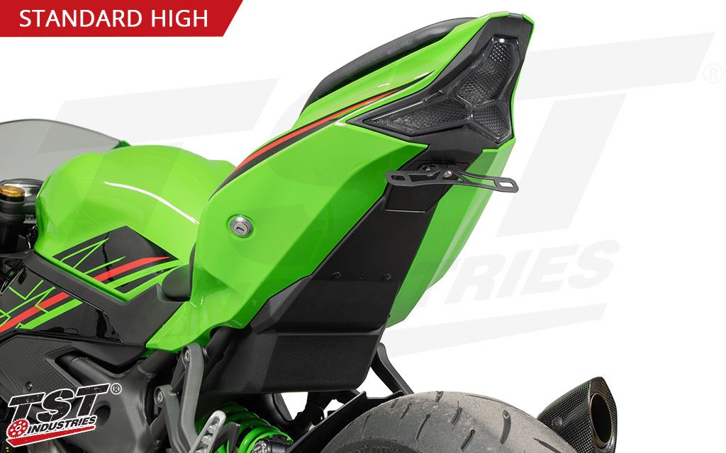 Features a fixed high bracket that places your ZX-4RR / ZX-4R license plate in a location similar to stock, but without the bulk.