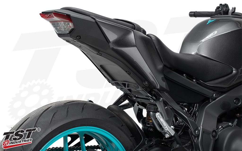 Place your 2024+ Yamaha MT-09 license plate in a low, tucked position under the seat.