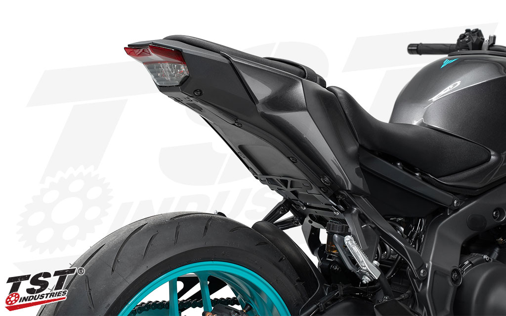 Place your 2024+ Yamaha MT-09 license plate in a low, tucked position under the seat.