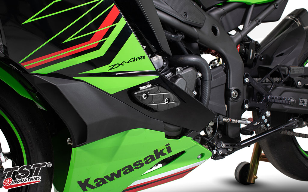 Robust Delrin Frame Sliders add real world protection to the heart of your ZX-4RR / ZX-4R.