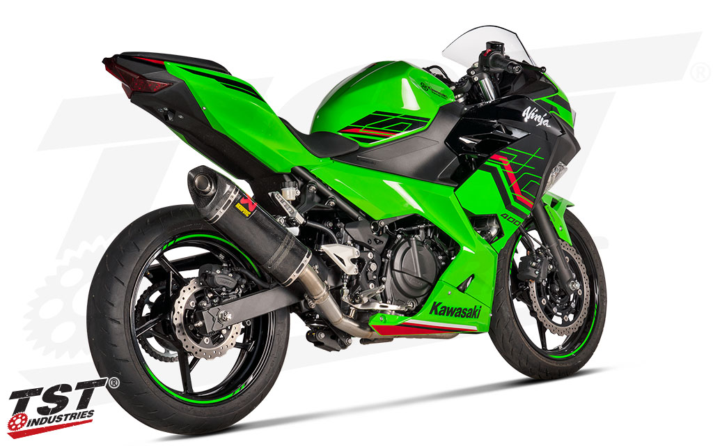 Upgrade your Ninja 400 with improved performance, sound, and style with the Akrapovic Slip-On Exhaust.