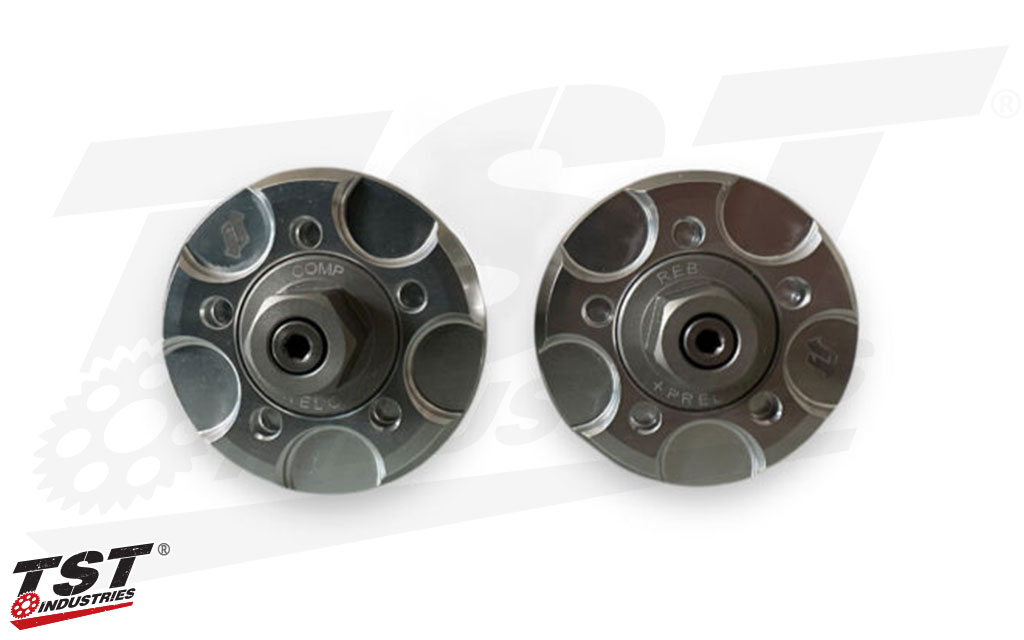 Updated fork caps provide easy to access adjustment points.