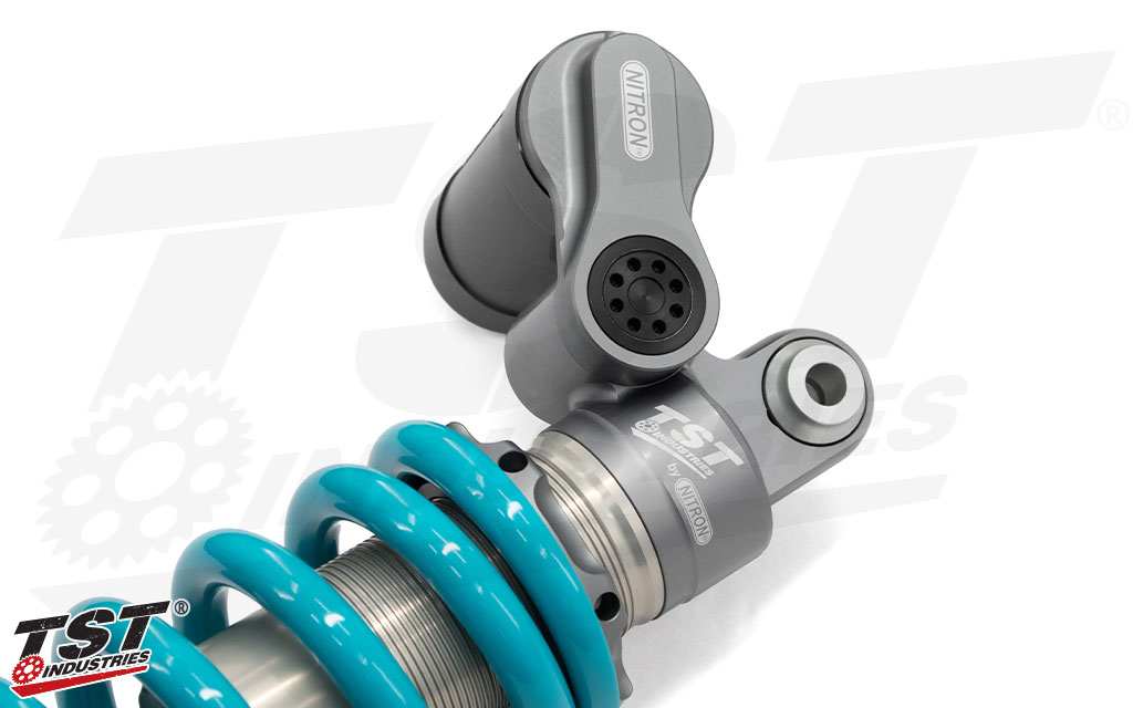 This exclusive Nitron shock for the Suzuki GSX-8R / GSX-8S features a piggyback reservior. 