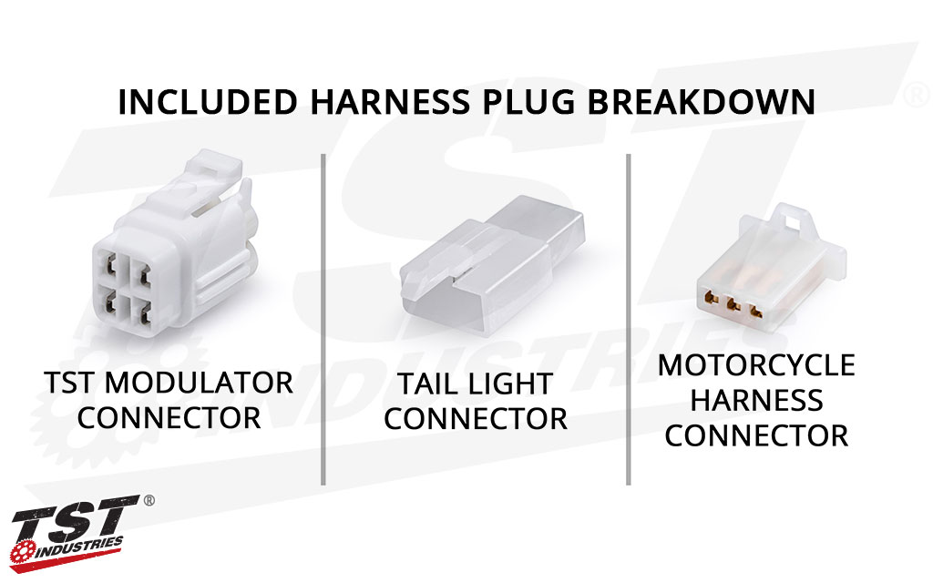 Plug breakdown of the TST Brake Light Modulator Harness.