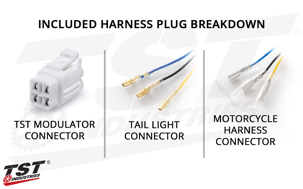 Plug breakdown of the included Suzuki DR650 specific wire harness.