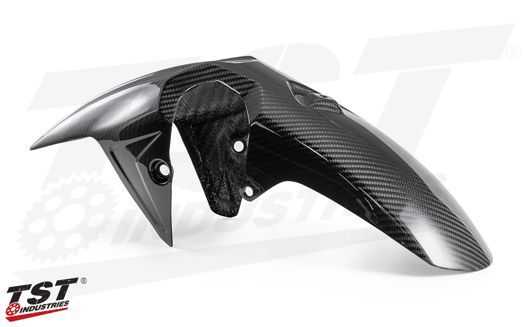 Decrease unsprung weight with this lightweight twill carbon fiber front fender.