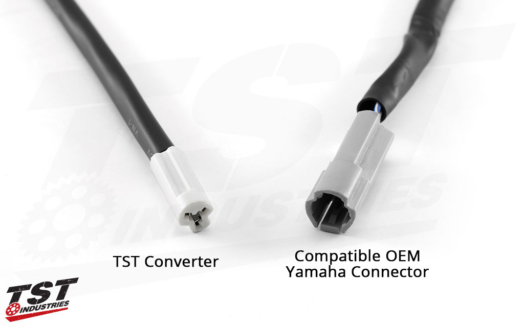 Closeup view of the TST Converter and the Yamaha OEM connector that it plugs into.