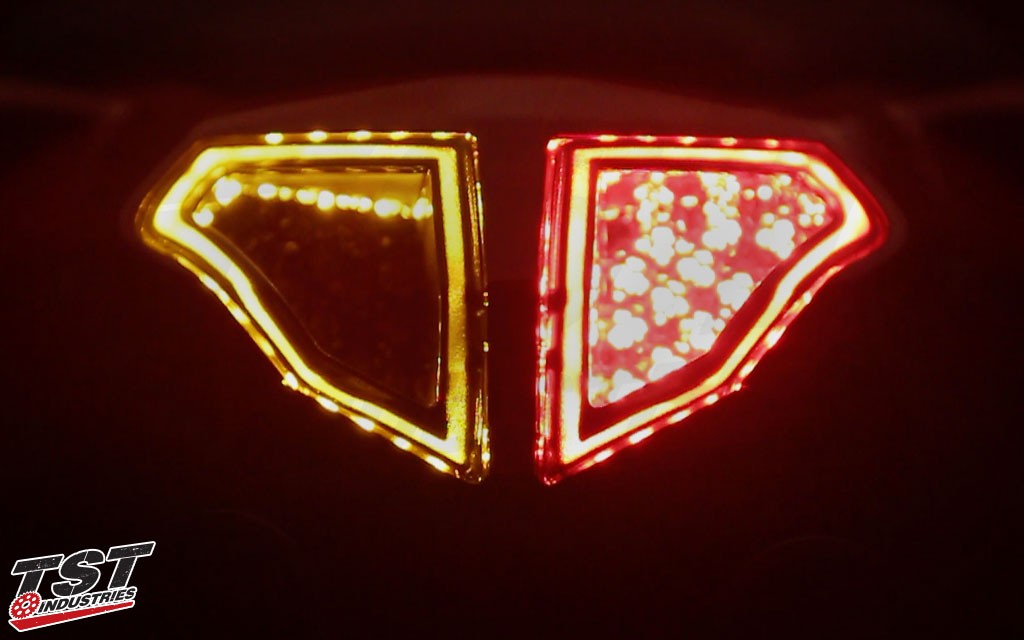 Signal and brake activated on the Ducati 848 / 1098 / 1198 LED Integrated and Sequential Tail Light.