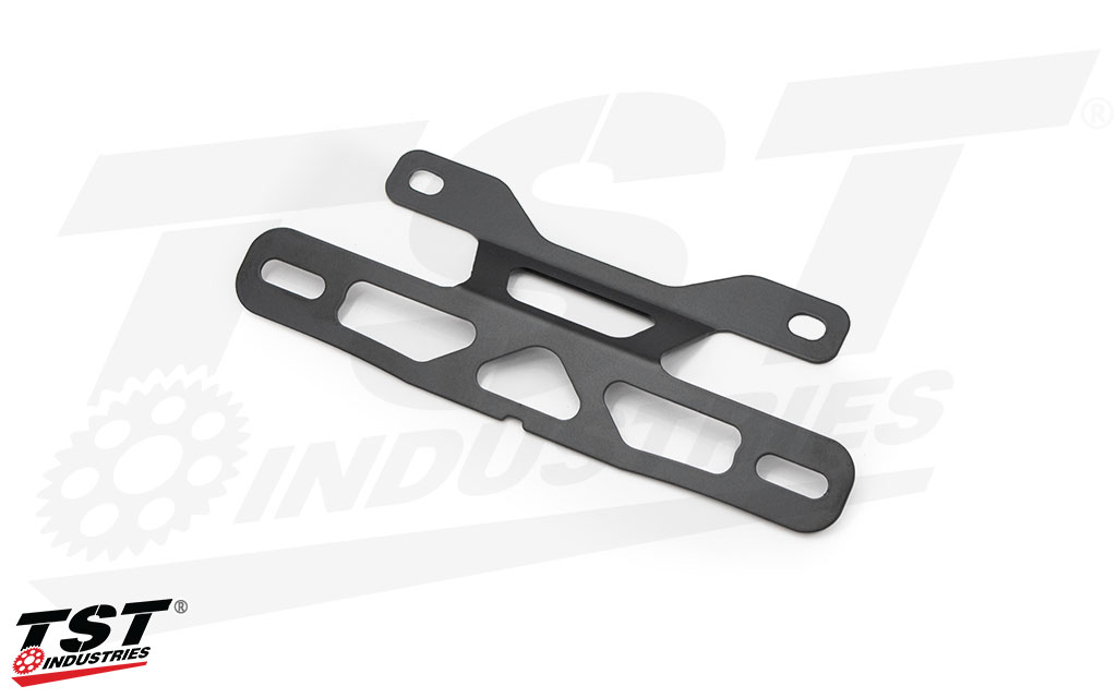 Our low-mount license plate bracket is laser cut stainless steel with a matte black powder coat.