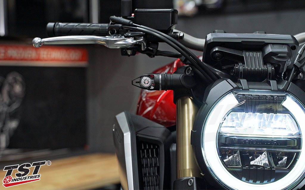TST Industries MECH-GTR LED Front Turn Signals bring unique style and personalization to your Honda CB650R.