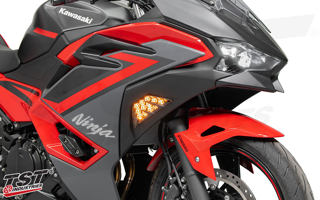 TST Nexus LED Front Turn Signals on the Kawasaki Ninja 500.