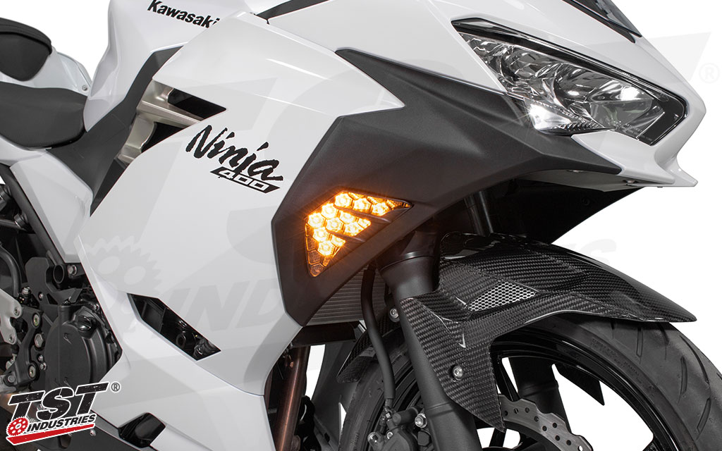 TST Nexus LED Front Flushmount Turns Signals installed on the Kawasaki Ninja 400.