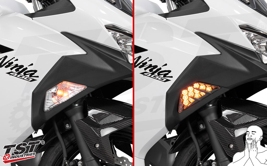 Compare the stock Ninja 400 turn signals to the TST Nexus Turn Signals.