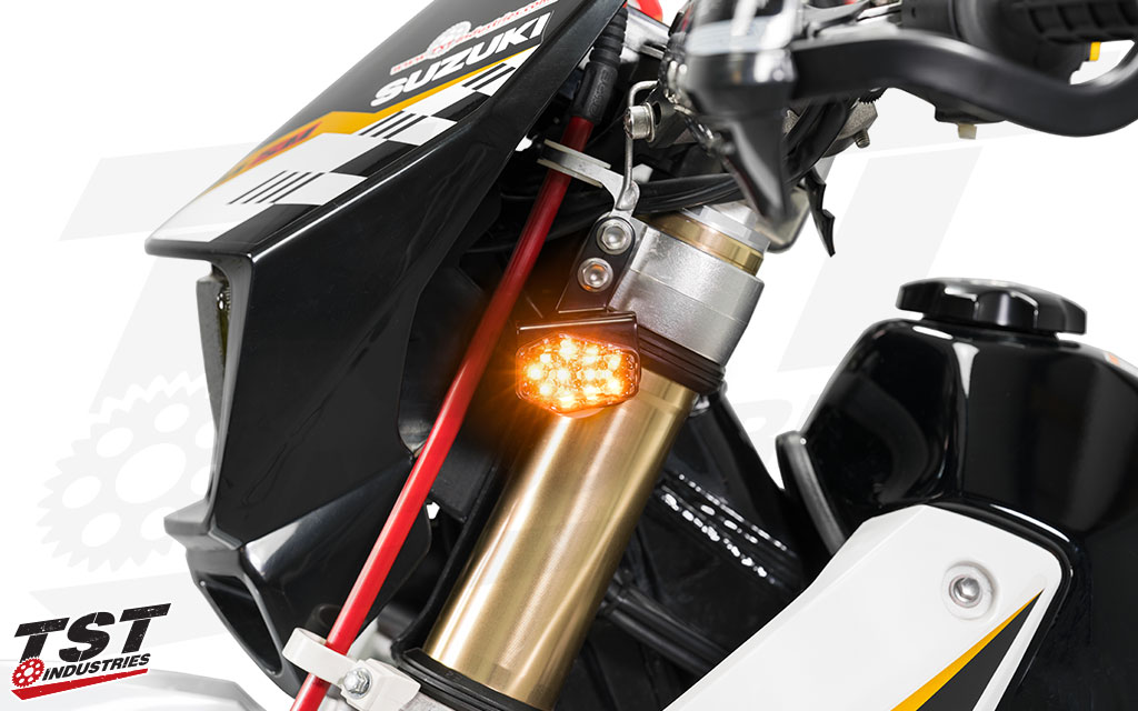 TST LED front flushmounts for the Suzuki DRZ. Clear lens shown.