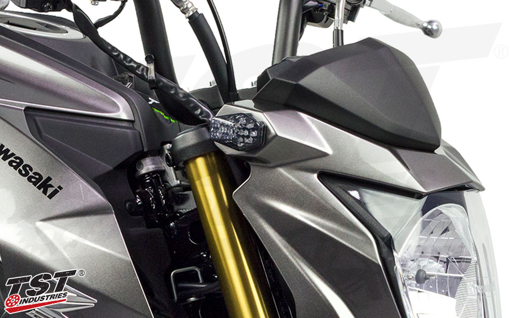 TST LED Front Flushmount Turn Signals demonstrated on the Kawasaki Z125.