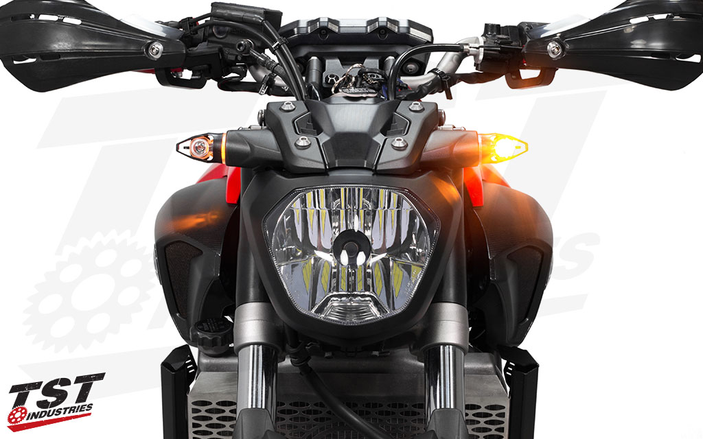 Built with a bright SMD style LED turn indicator that demands attention on the road (shown with running light connection kit and amber HALO module)