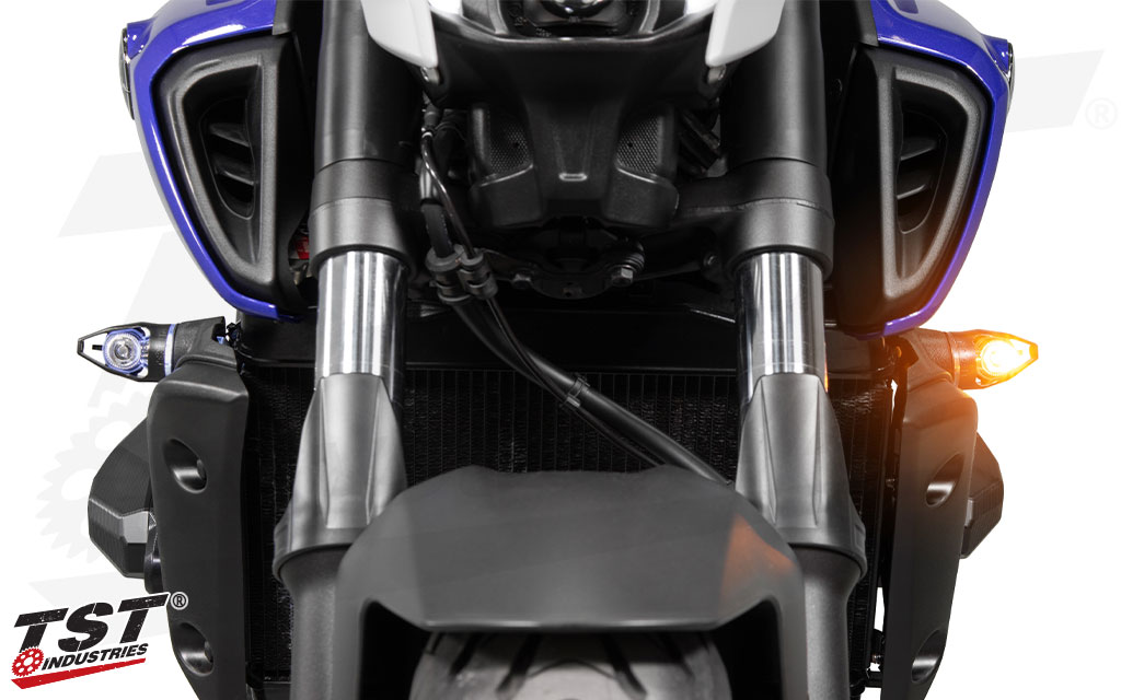 Upgrade your 2021+ Yamaha MT-07 with bright LED MECH-GTR Turn Signals from TST Industries.