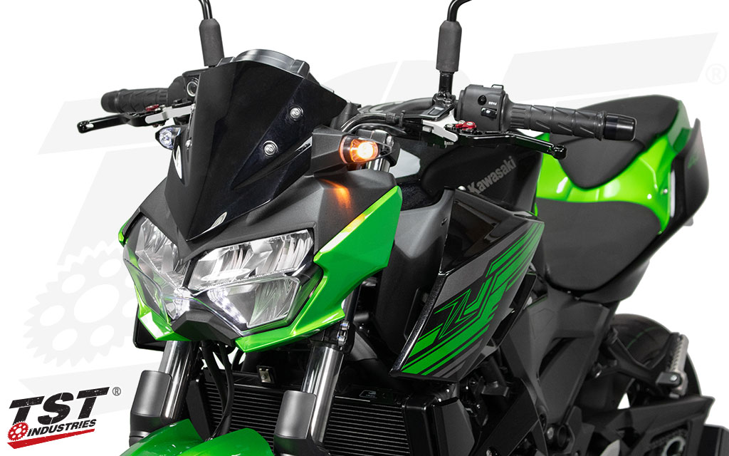 Kawasaki Z400 shown with the TST MECH-GTR LED Turn Signals.