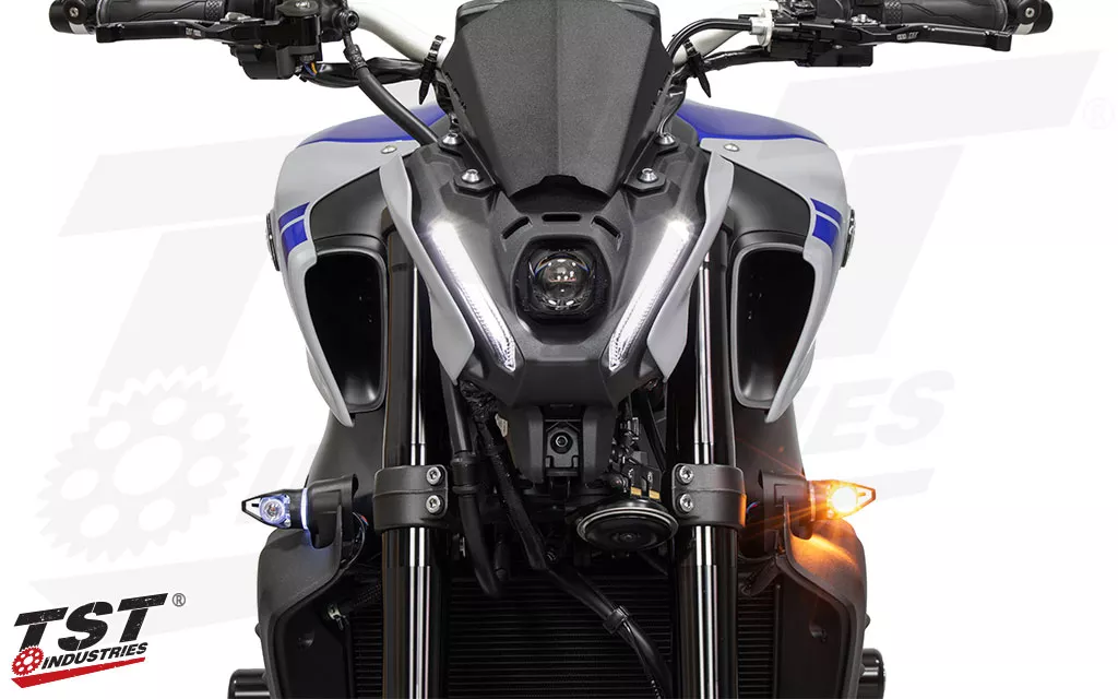 TST Industries MECH-GTR Front LED Turn Signals on the 2021-2023 Yamaha MT-09.
