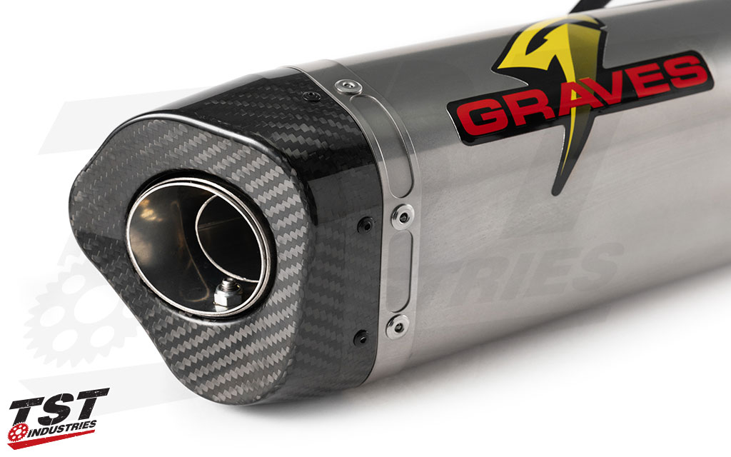 Carbon fiber exhaust cap provides a lightweight and heat resistant end cap for added style and weight savings.