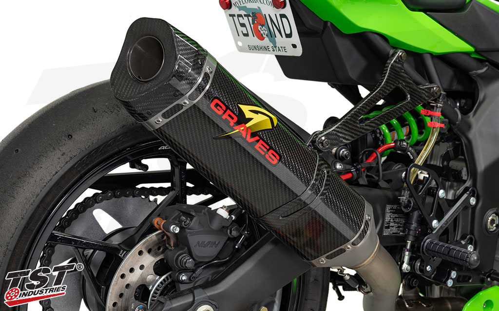 High mount carbon fiber exhaust provides improved top-end performance with dramatic weight reduction.