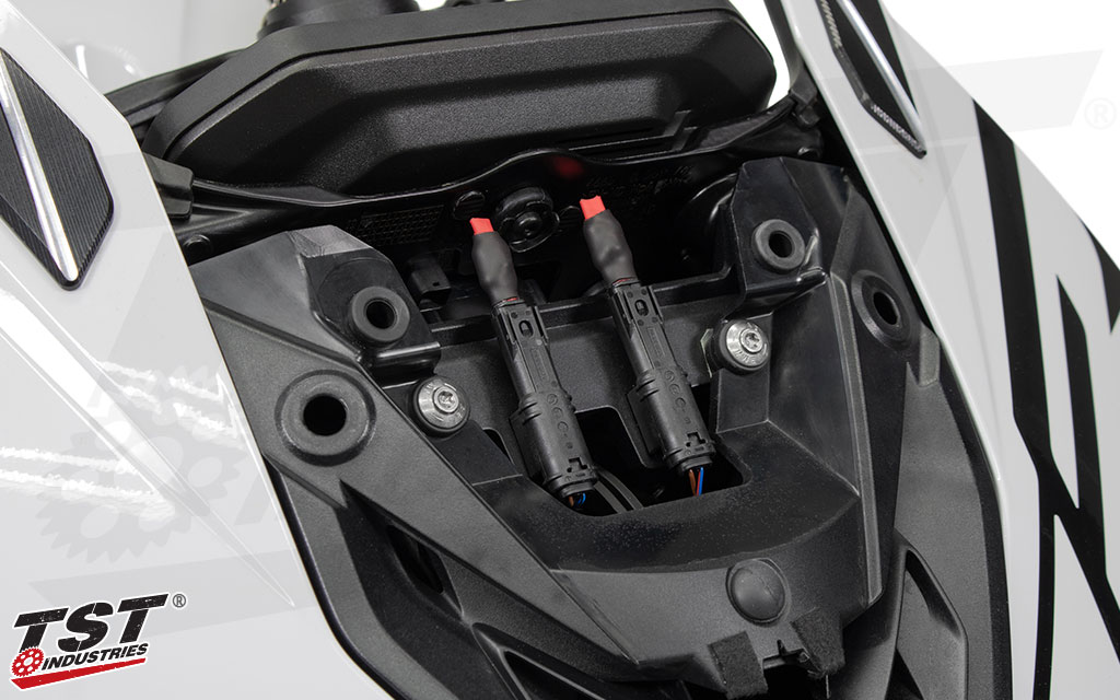 TST Mirror Turn Signal Delete Plugs installed on the 2020+ BMW S1000RR.