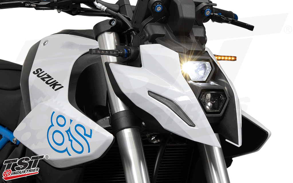 Convert your Suzuki GSX-8S DRL to a turn signal and enable front signal running lights with one simple installation.