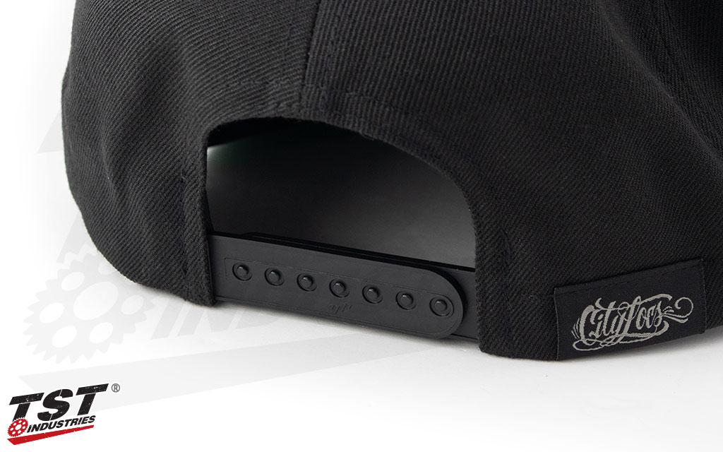 Snapback style hat.